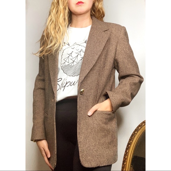 Vintage Jackets & Blazers - VINTAGE Leslie Fay Brown Houndstooth Wool Blend Blazer Petite